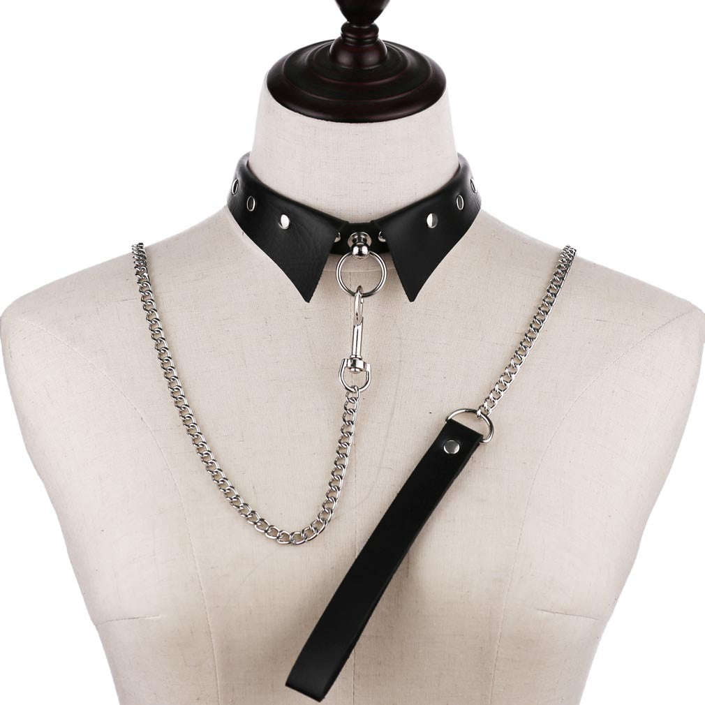 Personality Punk Gothic Leather Collar Hand Holding Rope Collar/Necklace Rings Collar Traction Belt