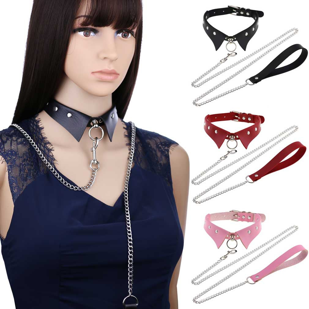 Personality Punk Gothic Leather Collar Hand Holding Rope Collar/Necklace Rings Collar Traction Belt