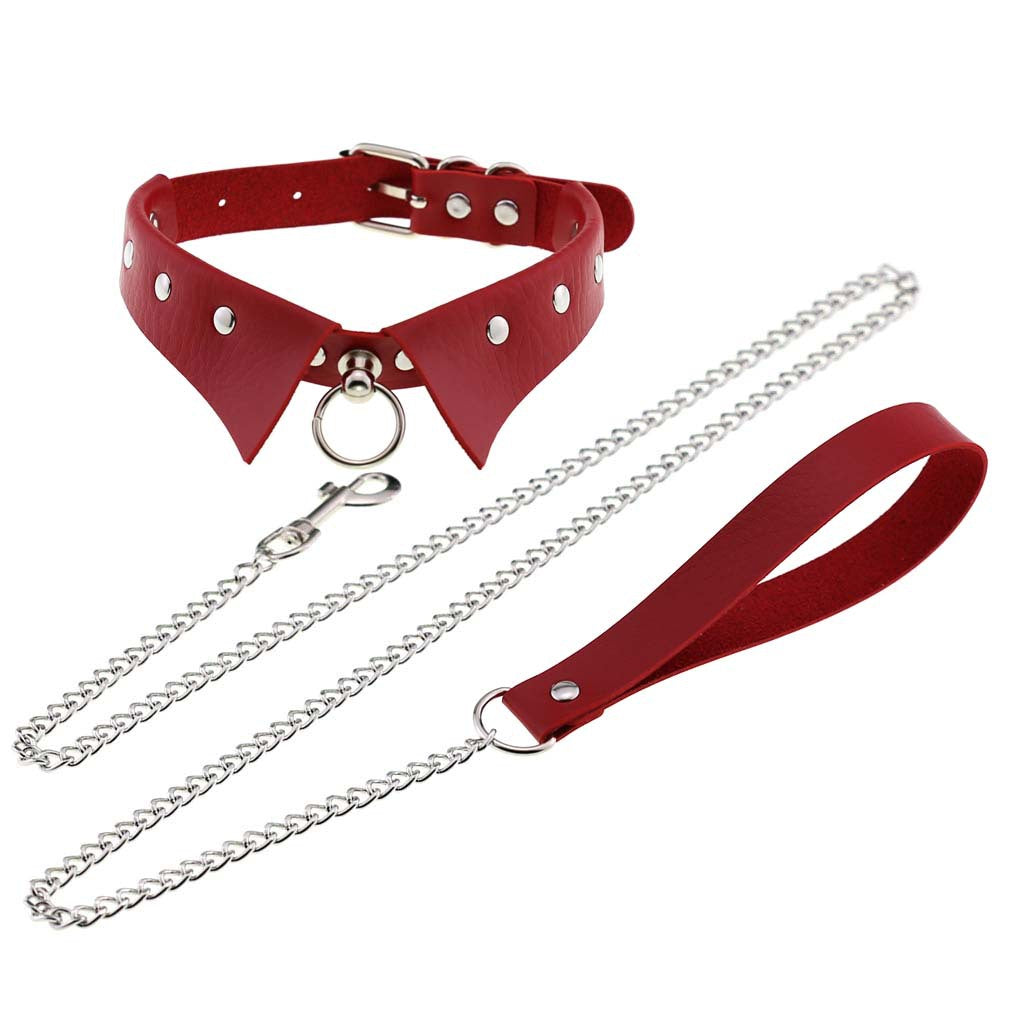 Personality Punk Gothic Leather Collar Hand Holding Rope Collar/Necklace Rings Collar Traction Belt