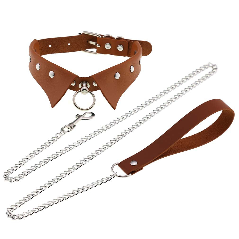 Personality Punk Gothic Leather Collar Hand Holding Rope Collar/Necklace Rings Collar Traction Belt