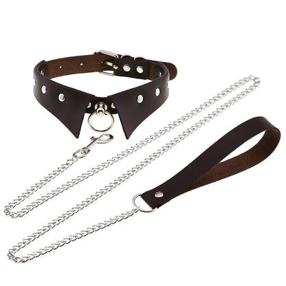 Personality Punk Gothic Leather Collar Hand Holding Rope Collar/Necklace Rings Collar Traction Belt