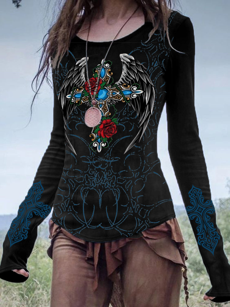 Gothic Cross Rose Printing Long Sleeve T-shirt