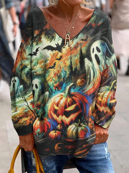 Halloween Pumpkin Print Loose-Fitting V-neck Long Sleeves T-shirt