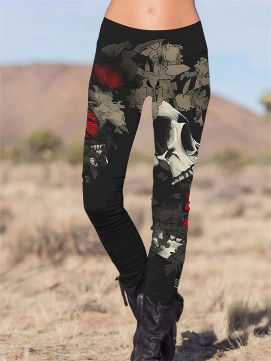 Gothic Flower Butterfly Skull Printed Slim Fit Pants