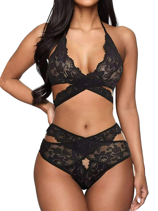 Sexy Lace See-through Cross Strap Underwear Suit