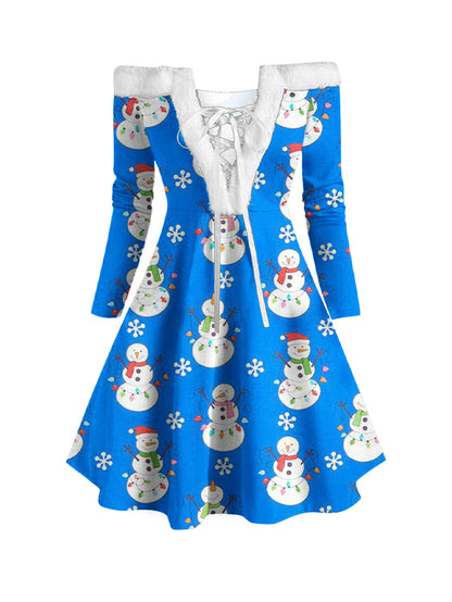 Christmas Printed Female Plush Collar Stitching Long Sleeve Tether Dress