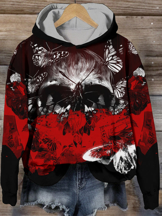 Women's Fashion Gothic Evil Skull Rose Butterfly Hooded Sweatshirt