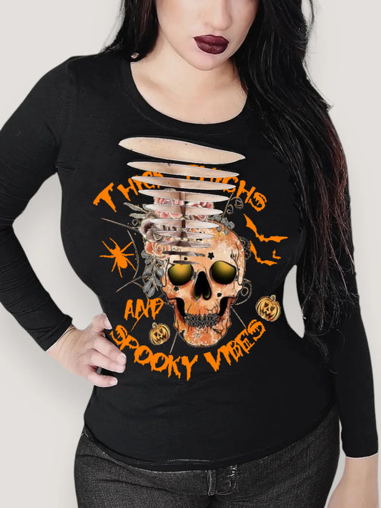 Thick Thighs And Spooky Vibes Print Round Neck Long Sleeve T-Shirt