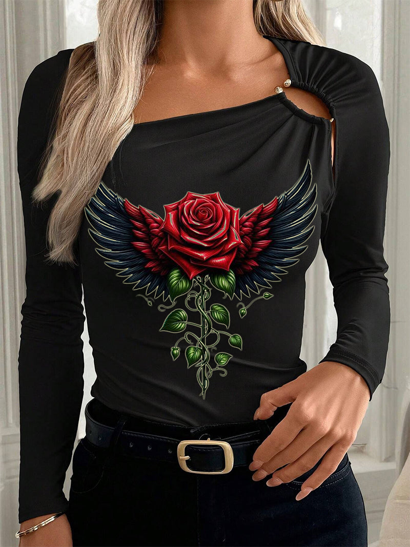 Women's Gothic Wings Rose Gold Buckle Long Sleeve T-shirt