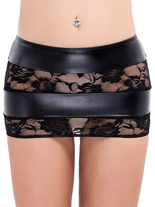 Sexy Patent Leather Lace Stitching Hip Skirt