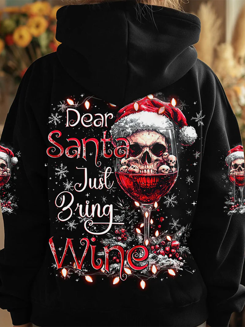 Women's Christmas Skull Red Wine Glass Print Hoodie