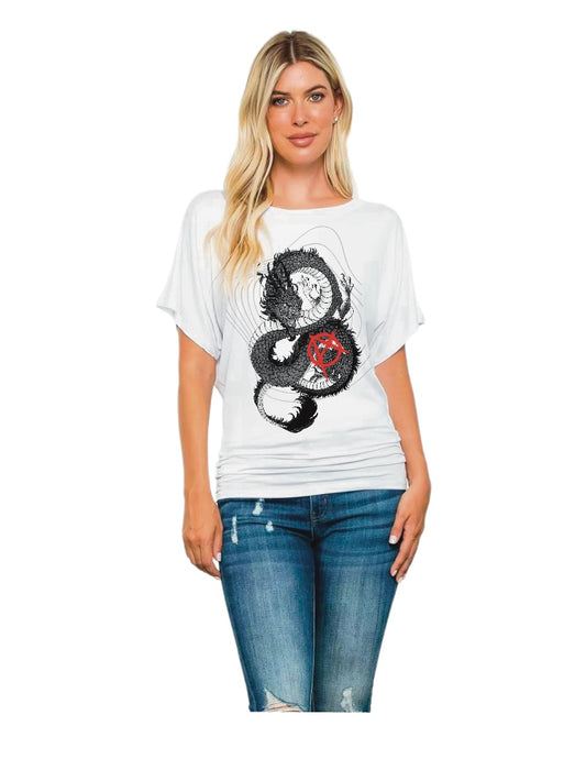 Dragon Printed Batwing Sleeve round Neck Short Sleeve T-shirt