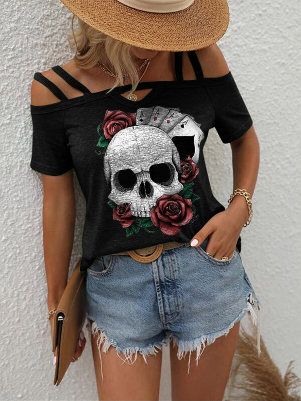 Poker Card Skull Rose Printed Sexy Comfort Strappy T-shirt