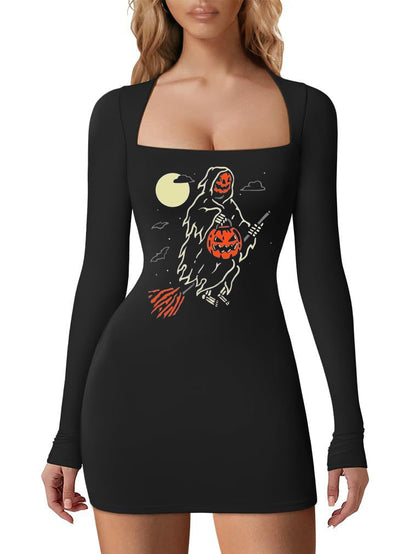 Halloween Witch Printed Square Collar Long Sleeve Dress