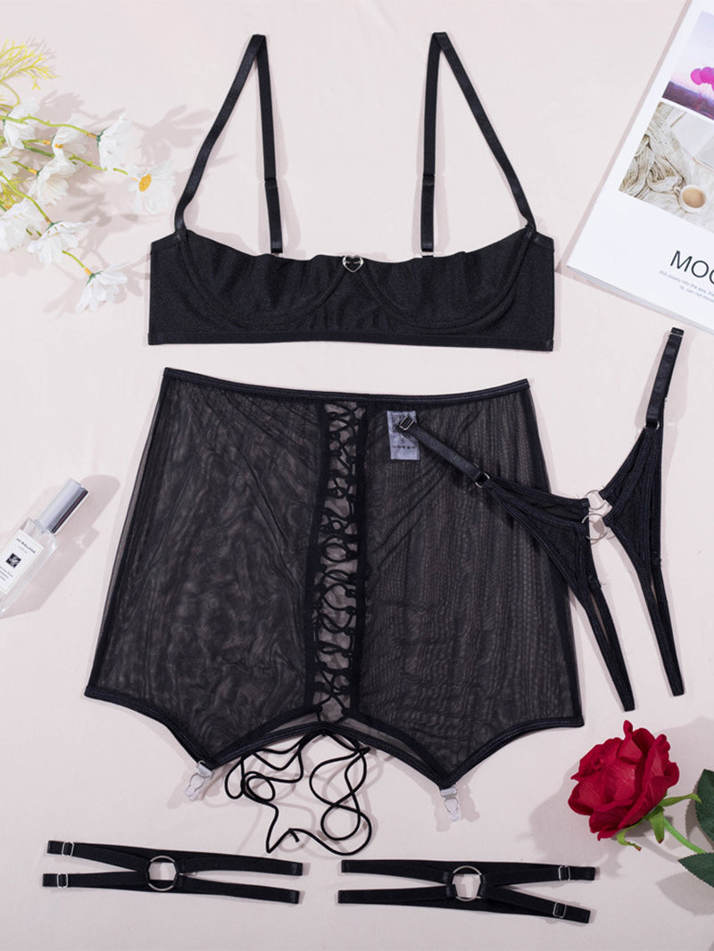 Sexy Bra Straps Tulle Short Skirt Lace-up Garter Suit