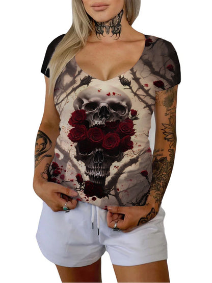 Women's Withered Vine Rose Skull Printed Casual T-shirt