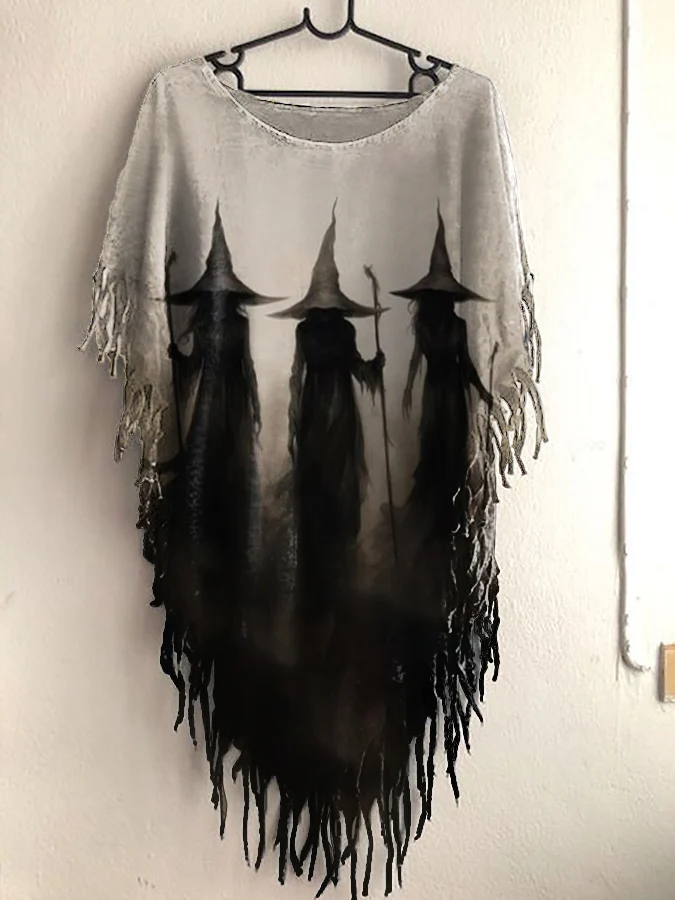 Women's Halloween Witch Print Tassel Shawl T-shirt