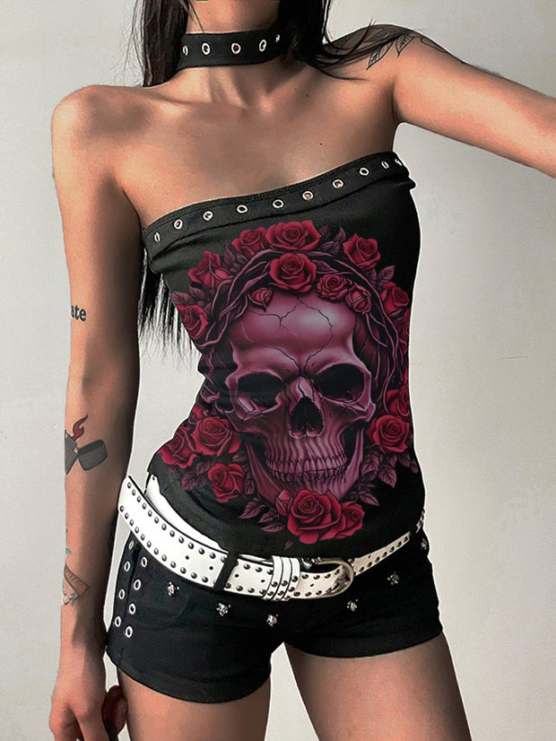 Rose Skull Print Sexy Tube Top Halter Strap Vest
