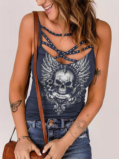 Punk Skull Print Women's Hot Rhinestone Casual Camisole