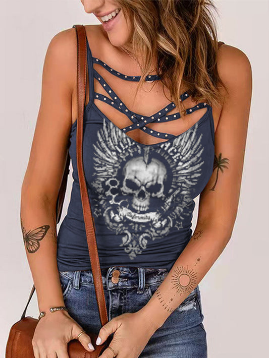 Camisole décontractée en strass pour femmes, imprimé tête de mort punk 