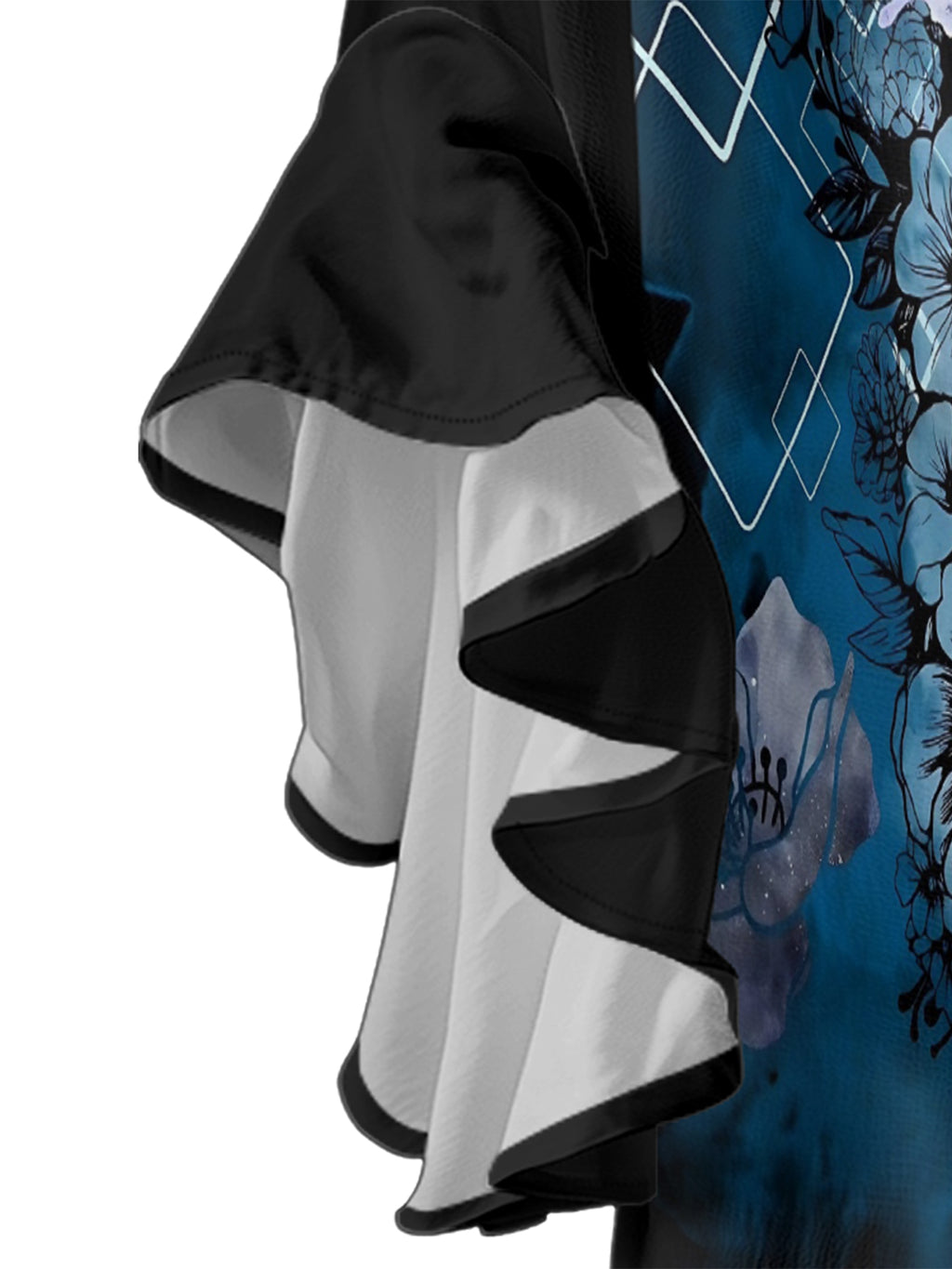 Geometric butterfly flower skull V-neck Ruffle Blouse