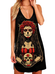 Sister Sexy Skull Print Back Hollow Dress