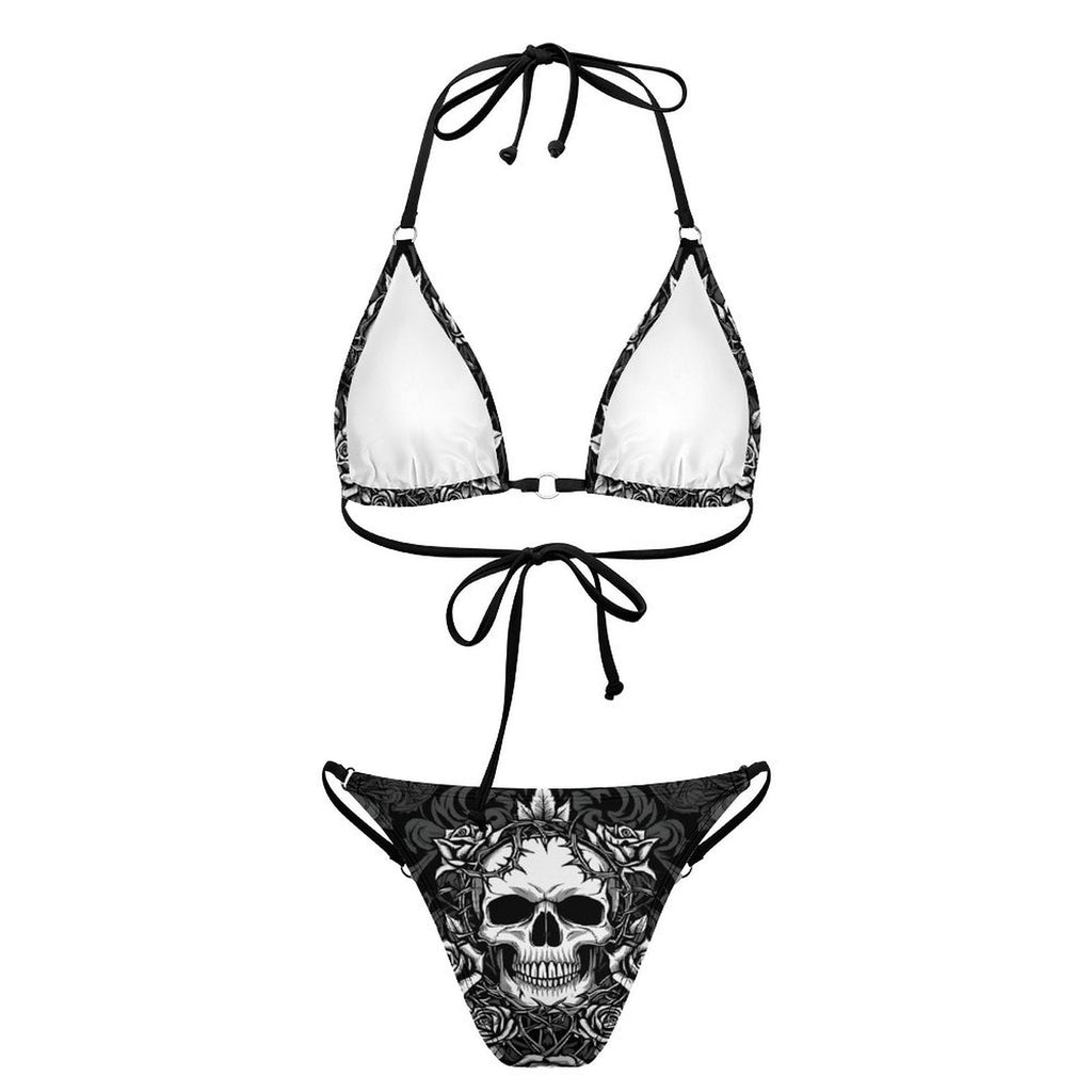 Sexy Thorn Rose Skull Printed Lace-up Swim Suit