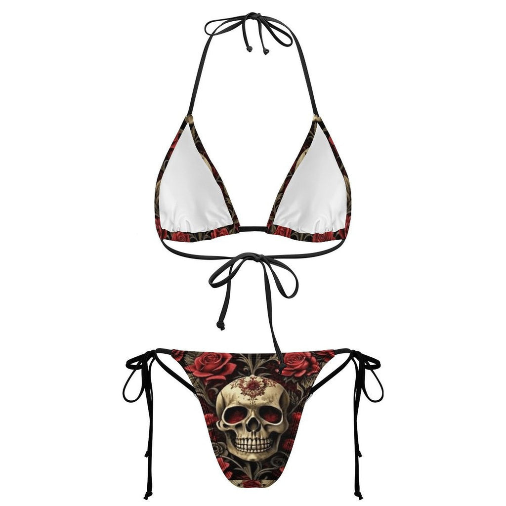 Rose Skull Printed Lace-up Swimsuit
