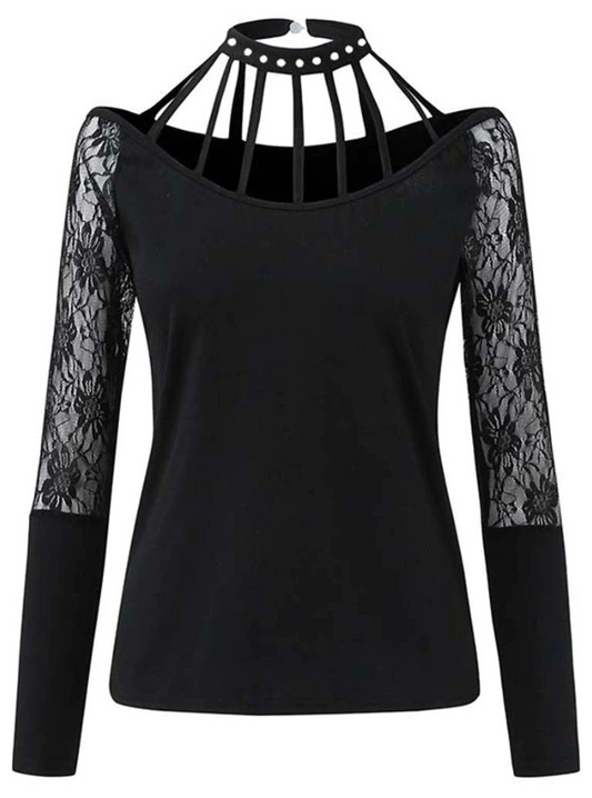 Tulle Cut-Out Long-Sleeve Top With Tie Crewneck