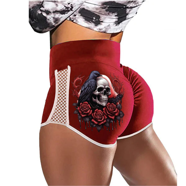 Crow Skull Rose Low-Rise Track Shorts