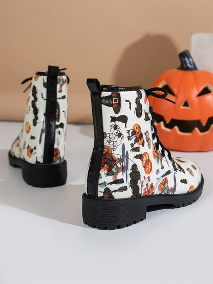 Halloween Pumpkin Toe Front Lace-up Printed Skull Martin Boots