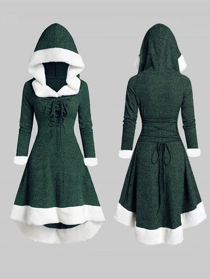 Elegant Hooded Stitching Plush Hem Irregular Long Sleeve Lace-up Dress