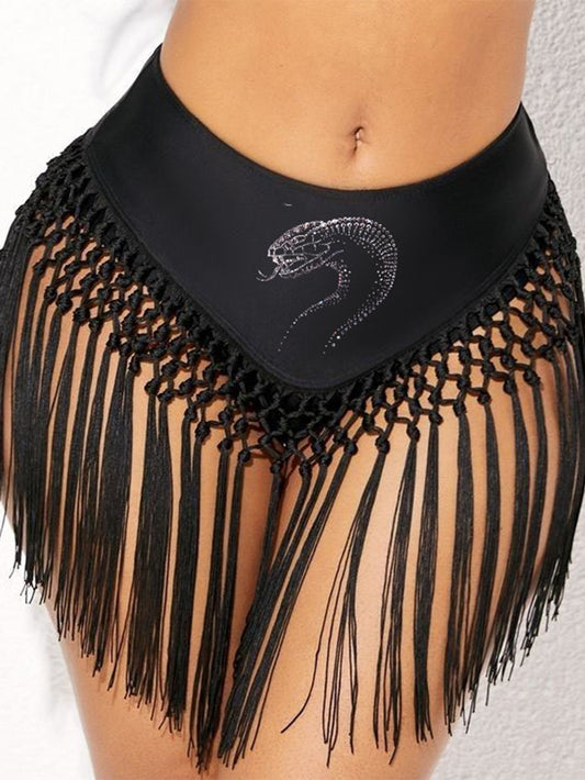 Hot Drilling Snake Head Printed Tassel Shorts