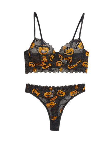 Sexy Pumpkin Embroidery Hollow Lace Breathable Bra Set