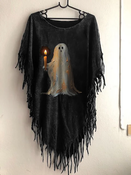 Women's Ghost Print Tassel Shawl T-shirt