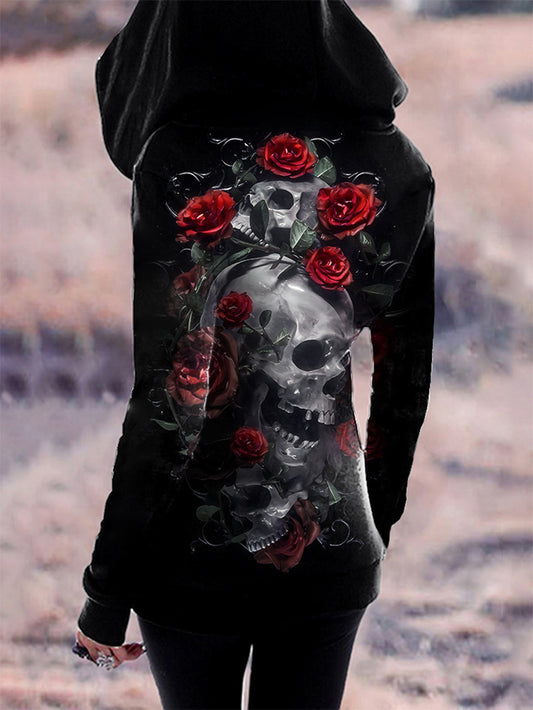 Women's Gothic Skull Red Rose Full Printed Hoodie