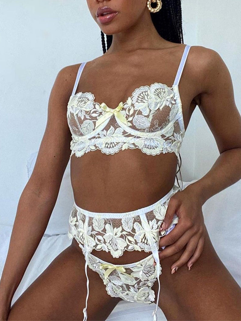 Sexy Strap Lace Flower Embroidery Stitching Waist Seal Underwear Suit