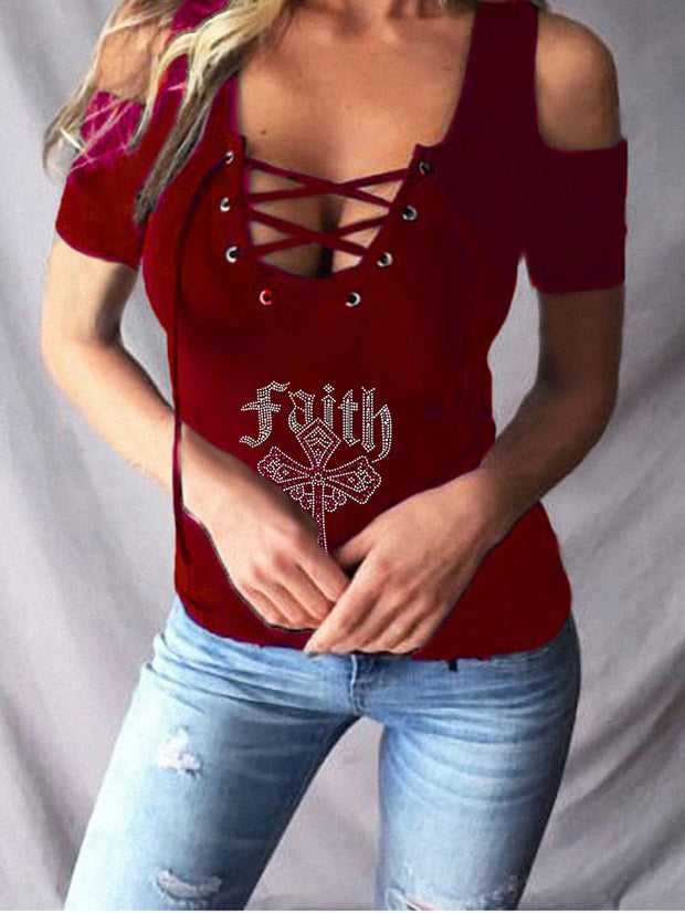 Faith Cross Print Sexy off-the-Shoulder Lace-up Short-Sleeve T-shirt