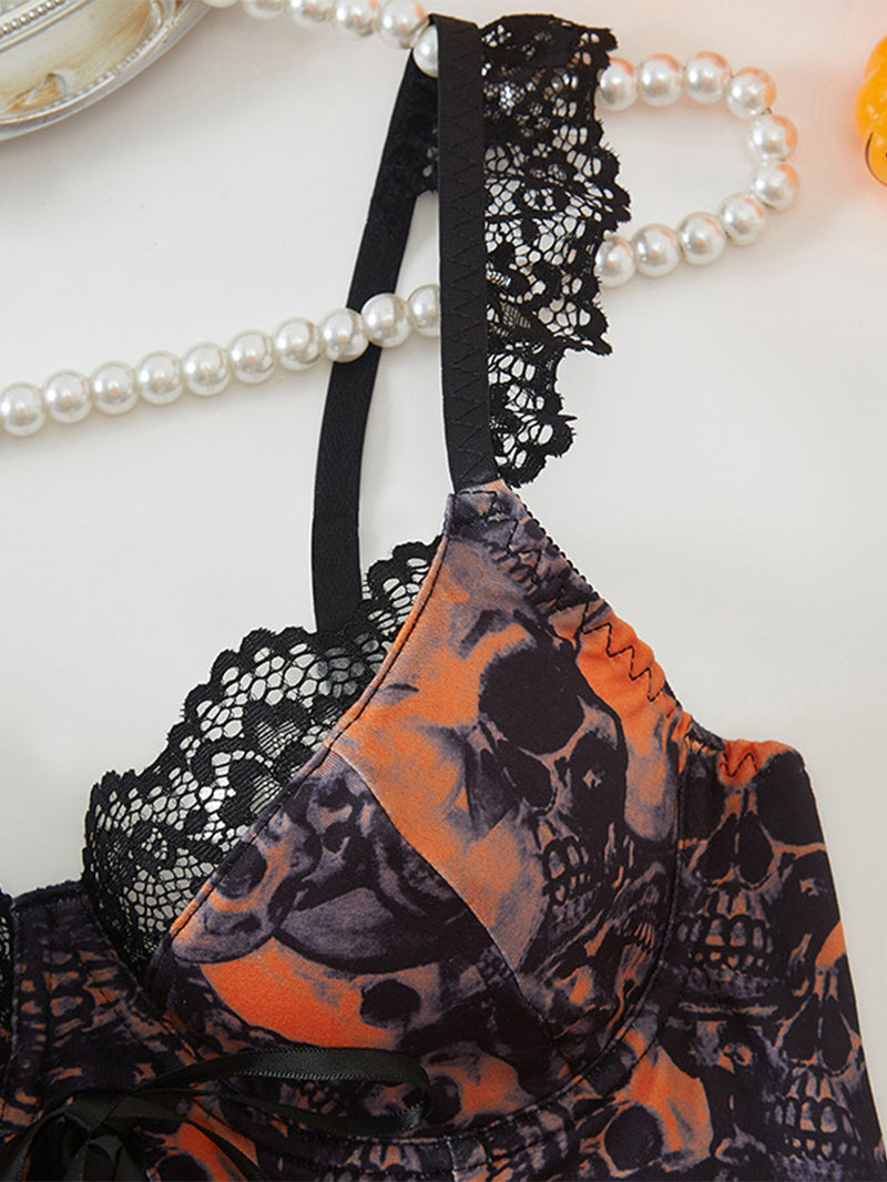 Sexy Print Skull Self-Tie Lace Splicing Sling Underwear