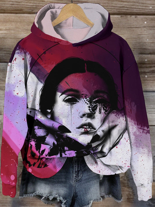 Women's Fashion Gothic Ink Painting Girl Print Hooded Sweatshirt