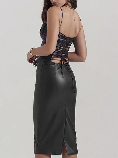 Sexy Pu Slim Fit Backless Lace-up Hip Split Dress