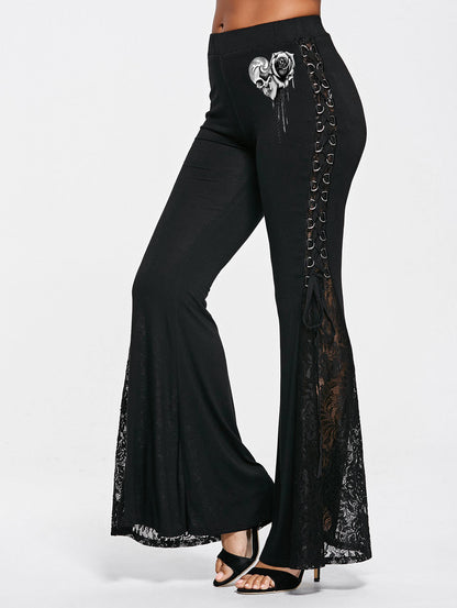 Gothic Rose Skull Love Print Lace Bell-Bottom Pants