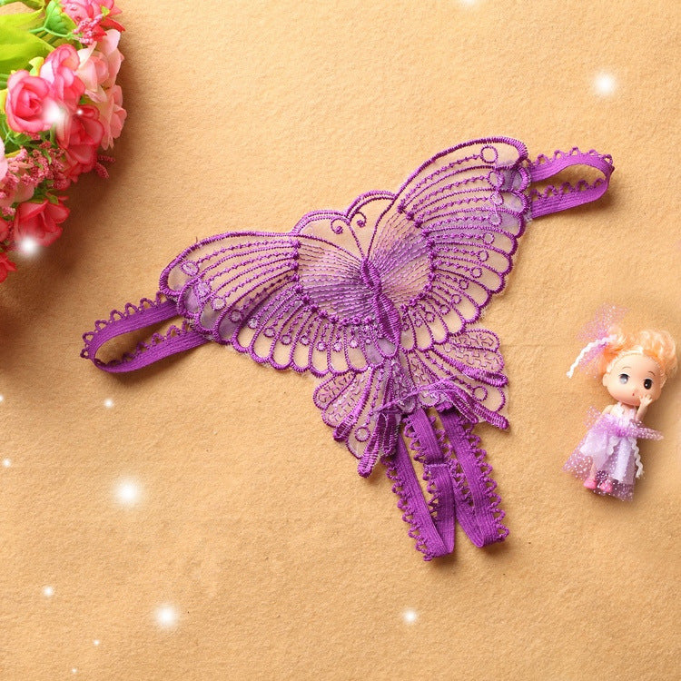 Sexy Cutout Embroidered Open Crotch Butterfly T-Back