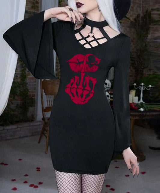 Halloween Hand Bone Lip Skull Head Halter Bell Sleep Dresses