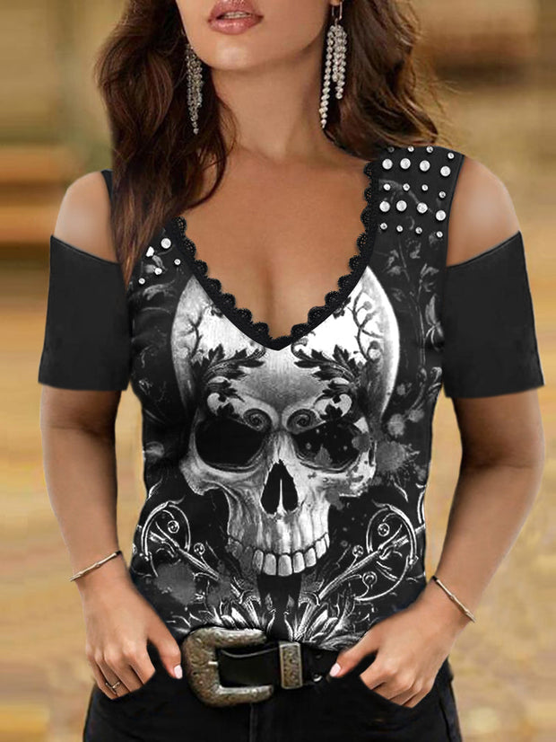 Cold Shoulder Skull Gothic Laced Short T-Shirt