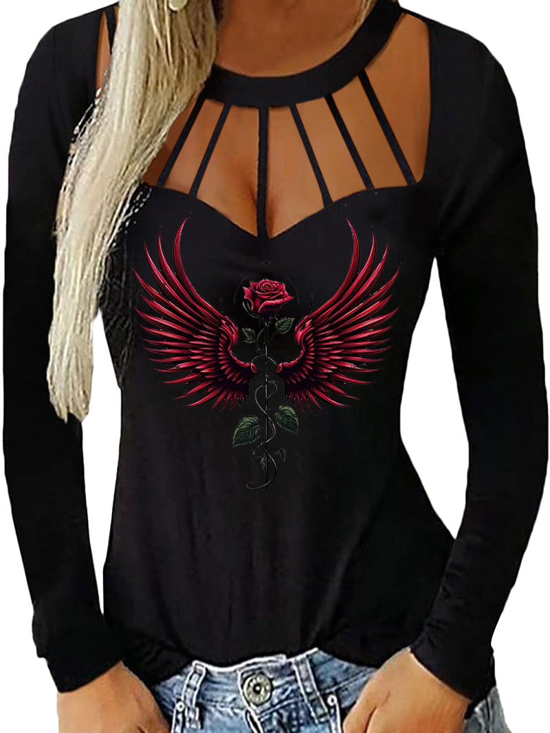 Sexy Gothic Style Red Wings Rose Binding Hollow-out Tight T-shirt