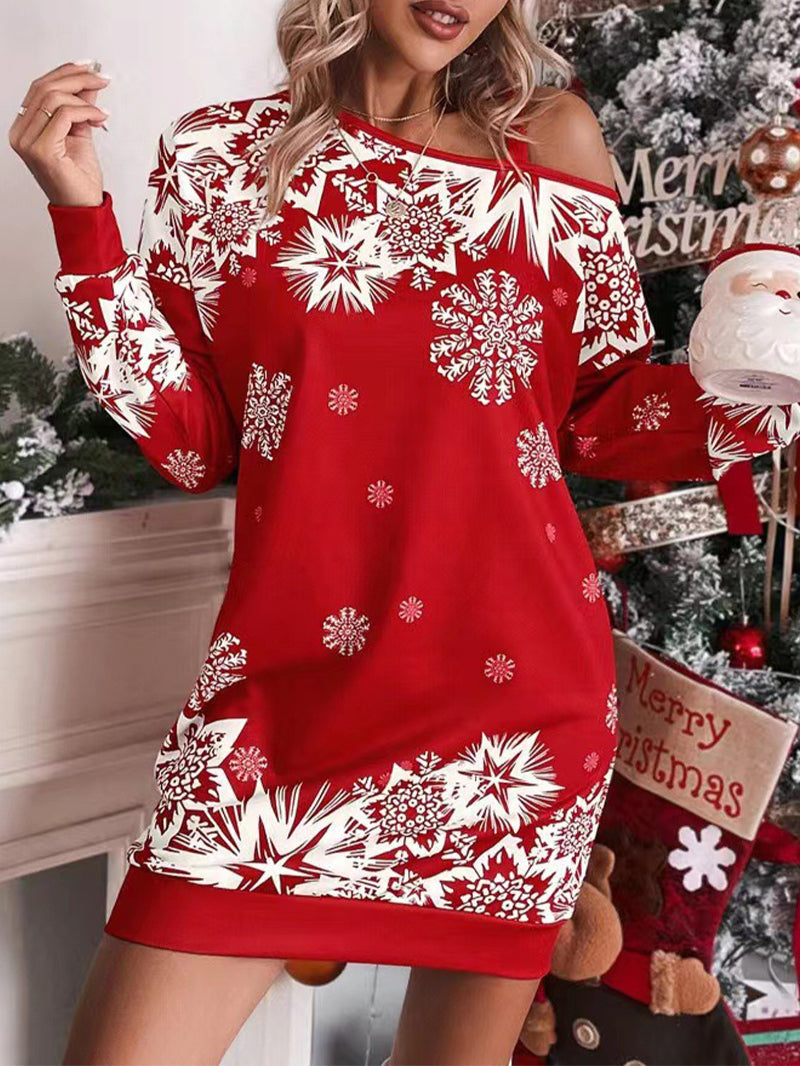 Christmas Snowflake Print Long Sleeve Sloping Shoulder Dress