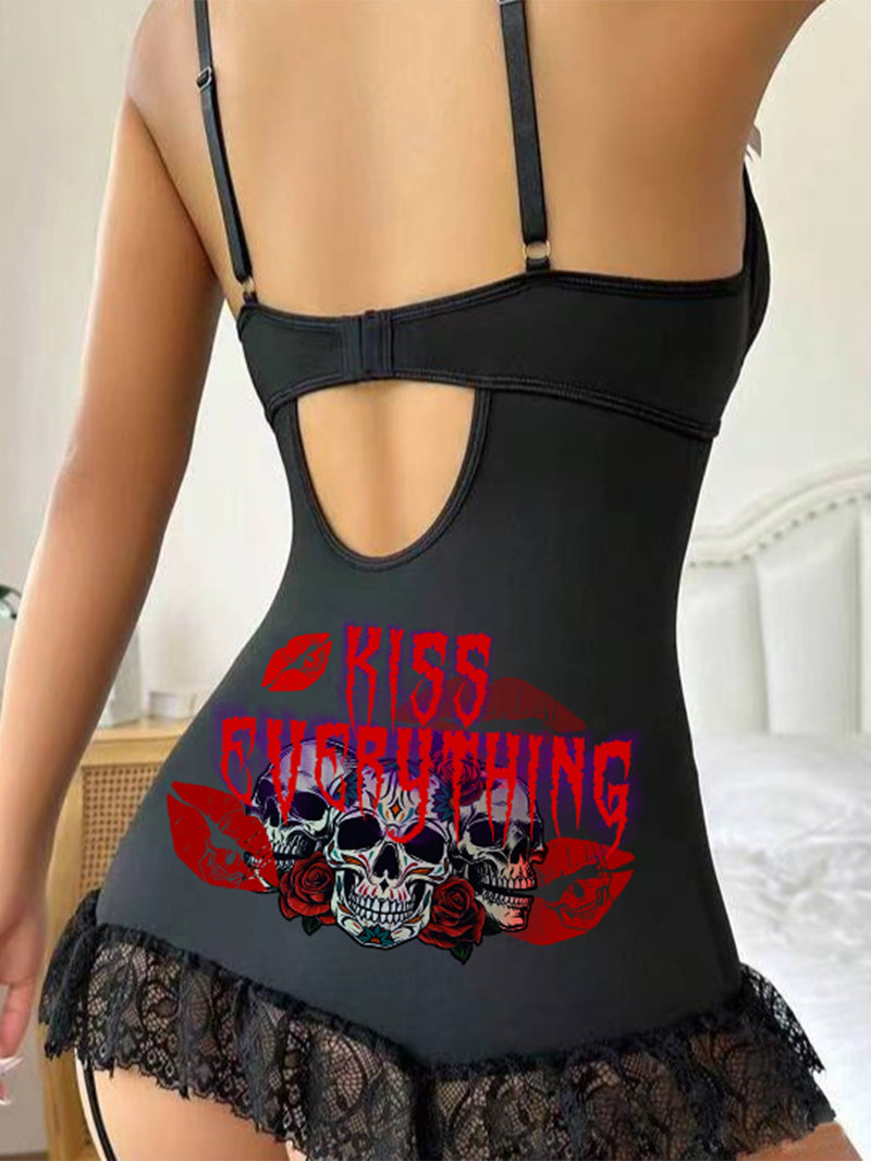 Sexy Golden Skull Rose Red Lip Lace Strap Tight One-Piece Nightdress