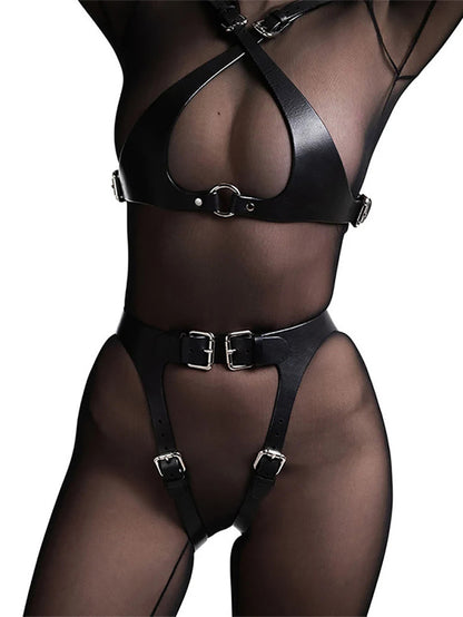 Sexy Binding Belt Leather Suit