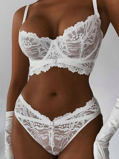 Sexy Lace Cross Strap See-through Underwear Suit